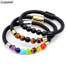 Liuyuwei pulseira de couro com chakra, bracelete de buda reiki para equilíbrio terapêutico, feminino e masculino, de pedra natural 2024 - compre barato