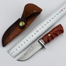Cuchillo de caza de acero damasco hecho a mano, cuchillo de supervivencia para acampar, cuchillo táctico de hoja fija, mango de madera roja, envío gratis 2024 - compra barato