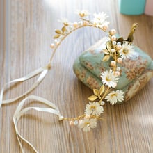 Women White/Red Daisy Gold Leaf Headband Flower Ribbon Wreath Floral Bridal Hairband Garlands Tiaras Wedding Hair Accessories VL 2024 - buy cheap