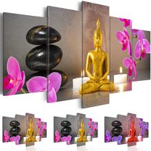 Home Decor Canvas Pictures Frame 5 Pieces Buddha Statue Painting Prints Stone Orchid Flowers Poster Modular Living Room Wall Art 2024 - buy cheap