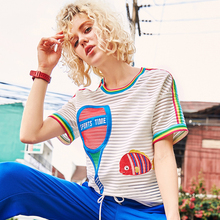 Women Summer Hollow Out Striped T-Shirt Female Fashion Cartoon Embroidery Short Sleeve O-Neck Tees Loose Plus Size Tshirts Y688 2024 - buy cheap