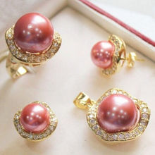 FREE shipping>>>>>>2015 NEW pink shell pearl crystal gp pendant chain earring ring jewelry set 2024 - buy cheap