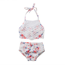 ¡Novedad! Bonito y dulce traje de baño para niñas, 2 uds., estampado Floral con flecos de encaje, chaleco sin mangas con cinturón, Tops + Pantalones cortos, conjunto de Bikini, traje de baño 2024 - compra barato