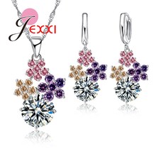 Elegant 3 Colorful Crystal Flower Wedding Bridal Jewelry Set For Women With 925 Sterling Silver ColorNecklace+Earrings Sets 2024 - buy cheap