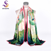[BYSIFA]  New Buttons Scarves Shawls Female Fashion Green Lotus Design Double Faces Wraps Autumn Winter Silk Neck Scarf 175*50cm 2024 - buy cheap