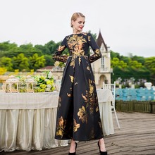 Spring fashion brand super longer golden flowers printed Dresses female Scotland style big swing reach floor long dress wq758 2024 - buy cheap