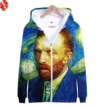 Van gogh-moletom com capuz estampado 3d, mulheres/homens, 2018, novo, moda, manga longa, com zíper, estilo moderno, moletom 2024 - compre barato