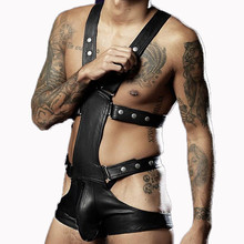 New Black Sexy Men Faux Leather Bodysuit Exotic Fetish Bondage Restraint Lingerie Fantasy Gay Jumpsuit Teddy Vinyl Sex Underwear 2024 - buy cheap