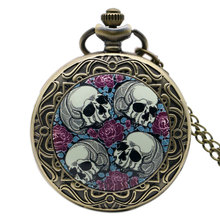 Hot Sale Retro Four Skull Heads & Rose Pocket Watch With Necklace Chain Best Gift 2024 - buy cheap