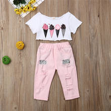 Children Clothes 2019 Toddler Baby Girl Summer Clothes ice cream Print Crop Tops Denim Long Pants Outfits Set 2024 - buy cheap