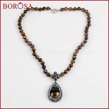 BOROSA 3PCS Druzy Stone Pendant Necklace Handcrafted Rhinestone Pave Natural Tiger Eyes Stone With 8mm Beads Necklace JAB569 2024 - buy cheap