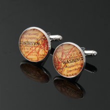 1 pair World Map Cufflinks Silver plated Old World Map Cuff links for men and women Yellow Vintage round glass cufflinks 11 2024 - buy cheap