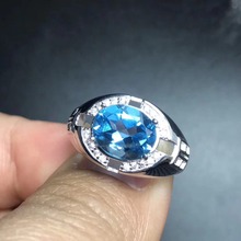 Real e natural azul topázio anel homem frete grátis 925 prata esterlina 8*10mm gem para homens fino handworked jóias 2024 - compre barato