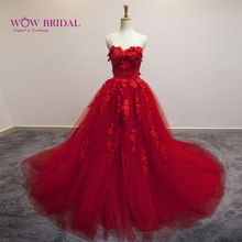 Wowbridal-vestido de noiva vermelho 2021, vestido de casamento, renda, sexy, amor, sem mangas, cauda, apliques, tule 2024 - compre barato