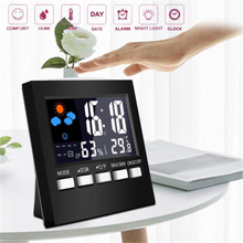 Reloj Digital inteligente con pantalla LCD, reloj de mesa con termómetro, humedad, alarma, calendario, clima, sencillo, negro 2024 - compra barato