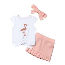 Милый комплект одежды для маленьких девочек, футболка с изображением фламинго + юбка-платье комплект из 3 предметов пляжный костюм, Детский комплект, изысканные наряды для девочек 2024 - купить недорого