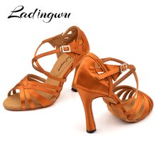Ladingwu New Brand Latin Dance Shoes Women Salsa Bronze Silk Satin Dance Shoes Girls Ladys Ballroom Dance Shoes Cuban Heel 10cm 2024 - buy cheap
