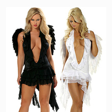 Fantasia de anjo preto e branco para mulheres, sensual, frete grátis, vestido de renda de halloween, com asa, traje de halloween 2024 - compre barato