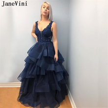 JaneVini Elegant A Line Navy Blue Evening Dresses Long Tiered Ruffles V Neck Appliques Beaded Backless Organza Dress Robe Longue 2024 - buy cheap