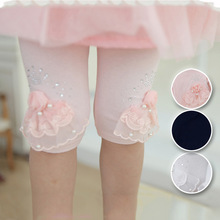 Calça infantil florida 3d, calça coreana de verão para crianças, de algodão, até o joelho, com rendas, rosa 2024 - compre barato