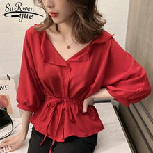 Sexy V-neck Women Clothing Solid Women Tops and Blouse  Korean Style Women Flare Sleeve Chiffon Blouse blusas 	4990 50 2024 - buy cheap