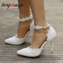 White Lace Flowers Women Wedding Shoes Wristband Bride Shoes One Word Buckle Thin Heels Ladies High Heels wedding shoes crystal 2024 - buy cheap