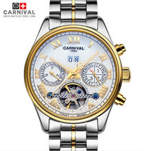 2016 New carnival tourbillon military mens mechanical watch gold full steel genuine leather strap waterproof luxury male watches 2024 - buy cheap