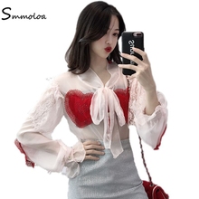 Smmoloa Women Blouse See Through Mesh Lace Long Sleeve Blouse Bow Tie Office Shirt Ladies Tops 2024 - buy cheap