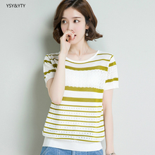 women clothes 2019 summer new striped short-sleeved t-shirt female casual  kawaii silk thin sweater round neck shirt women 2024 - buy cheap