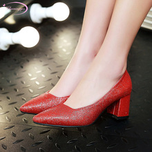 Chainingyee/вечерние пикантные туфли-лодочки с острым носком Модные блестящие женские туфли на высоком толстом каблуке без шнуровки; Цвет золотой, красный, серебристый, черный 2024 - купить недорого
