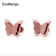 AENINE Trendy Rose Gold Double-layer Frosted Butterfly Stud Earrings For Women Stainless Steel Cute Girl's Earrings ZE17030 2024 - buy cheap