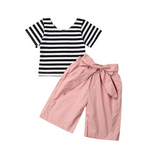 Милые летние комплекты одежды из 2 предметов для маленьких девочек футболка в полоску с короткими рукавами Топы + розовые штаны 2024 - купить недорого
