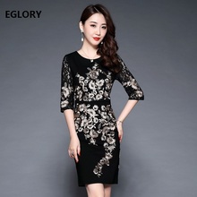 New Plus Size Clothing 2019 Spring Dress Women O-Neck Lurex Golden Embroidery 3/4 Sleeve Bodycon Sheath Vintage Dress Robe Femme 2024 - buy cheap