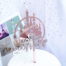 Ins topper de acrílico para bolo de happy birthday, decorações de bolo para meninas, castelo rosa e prata, para aniversário de crianças e chás de bebê 2024 - compre barato