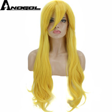 Anogol-Peluca de fibra sintética para mujer, pelo largo con ondas naturales, color amarillo limón, melocotón, para fiesta de Halloween y Cosplay 2024 - compra barato