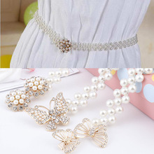Full Pearl Waist Chain Fashion Rhinestone Elastic Girdle Bow Flower Buckle Waistband Ladies Beads Stretchy Belt For Women Dress 2024 - compre barato