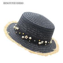 Милая соломенная шляпа на плоской подошве; сезон лето-весна; женская панама; пляжная шляпа с жемчугом для отдыха; Модные дышащие шляпы с цветочным узором для девочек 2022 - купить недорого