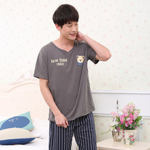 Men pajamas summer cotton short sleeve knee length pants men new 2019 cute cartoon two piece thin pajama sets mens pajama set 2024 - buy cheap