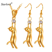 Starlord Trendy Cat Pendant Necklace Drop Earrings Set For Women Girl Gold/Silver Color Rhinestone Fashion Jewelry Set PE644 2024 - buy cheap