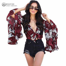 2020 Bohe Floral Print Flare Sleeve Chiffon Blouse Shirts Women Summer V Neck Bow Lace Up Blusas Feminina Plus Size Tops Okb786 2024 - buy cheap