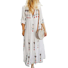 Summer Beach Bohemian Women Drawstring V Neck Long Sleeve Loose Maxi Dress New Chic 2024 - buy cheap