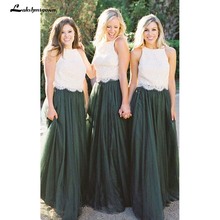 Modest Forest Green Tulle Bridesmaid Dresses Two Piece Ivory Lace Top A Line Maid Of Honor Wedding Guest Gown Formal Dress 2024 - buy cheap