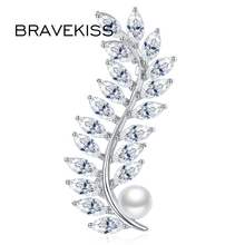 BRAVEKISS-Broches y alfileres de hojas de perlas para mujer, Broches de circonita cúbica pavimentada, joyería femenina de lujo BUX0030 2024 - compra barato