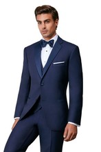 Smoking com dois botões azul estilo noivo, lapela com corte, blazer masculino, 3 peças (jaqueta + calça + colete + gravata) no: 295 2024 - compre barato