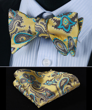 BP913Y Yellow Aqua Paisley 100%Silk Jacquard Men Butterfly Self Bow Tie BowTie Pocket Square Handkerchief Hanky Suit Set 2024 - buy cheap