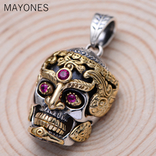 MAYONES Real 925 Sterling Silver Large Skull Pendant For Men Jewelry Vintage Punk Rock With Natural Red Corundum 2024 - buy cheap