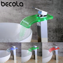 BECOLA Luxury Glass Waterfall Basin Faucet LED 3 Color Changing Bathroom Battery Mixer Tap Chrome Finish Washbasin faucet LH9014 2024 - buy cheap