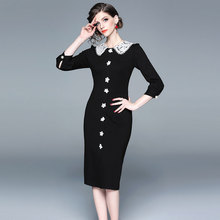 Vestido de Otoño de alta calidad para mujer, elegante vestido negro Vintage de manga larga con botones y flores, pasarela, 2020 2024 - compra barato