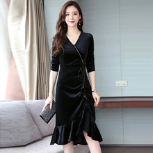 Autumn Winter Ladies V-neck Ruffles Bottom Black Dress Women Fashion Gold Velet Dresses Female Slim Party Dresses RE2019 2024 - buy cheap