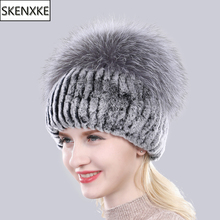 New Arrival Women 100% Natural Fluffy Silver Fox Fur Beanies Hats Lady Winter Knit Real Rex Rabbit Fur Hat Fashion Real Fur Caps 2024 - buy cheap